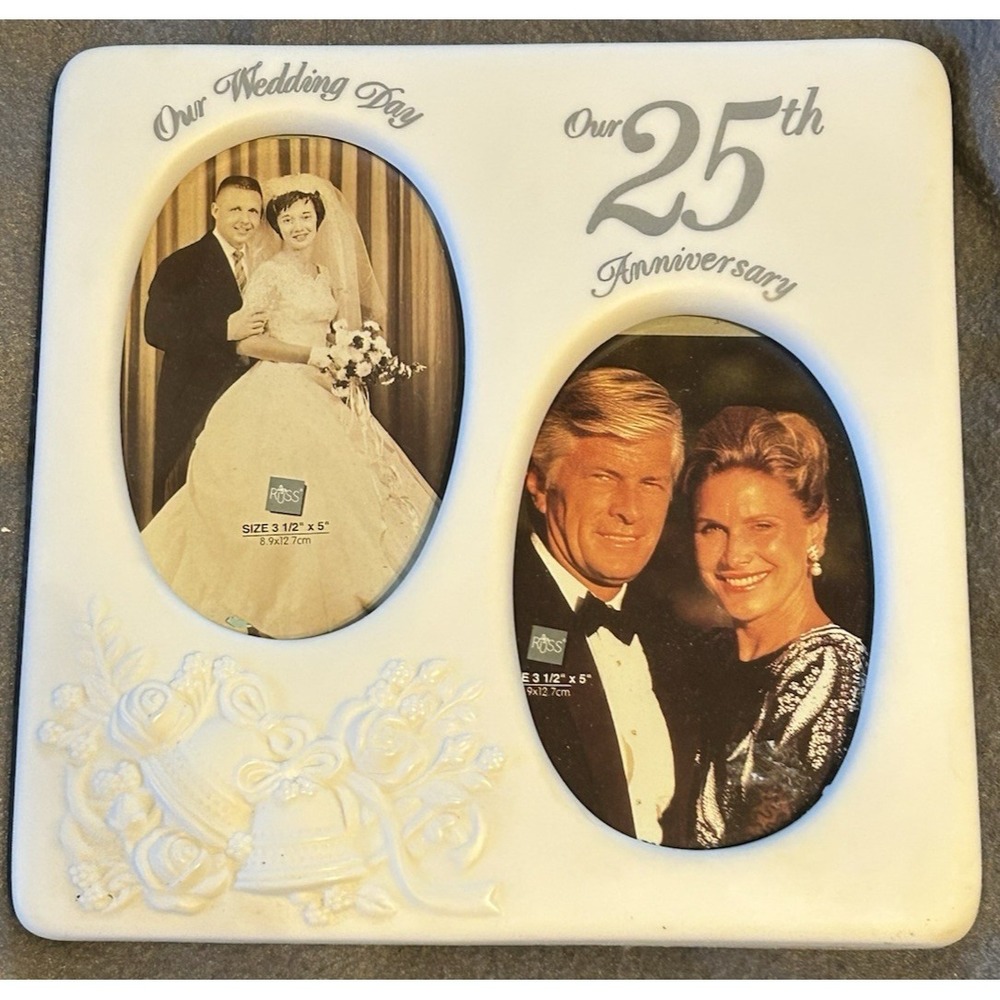 RUSS PORCELAIN PICTURE FRAME - 25TH ANNIVERSARY-HOLDS (2) 8 3/8" X 8 3/8" PHOTOS